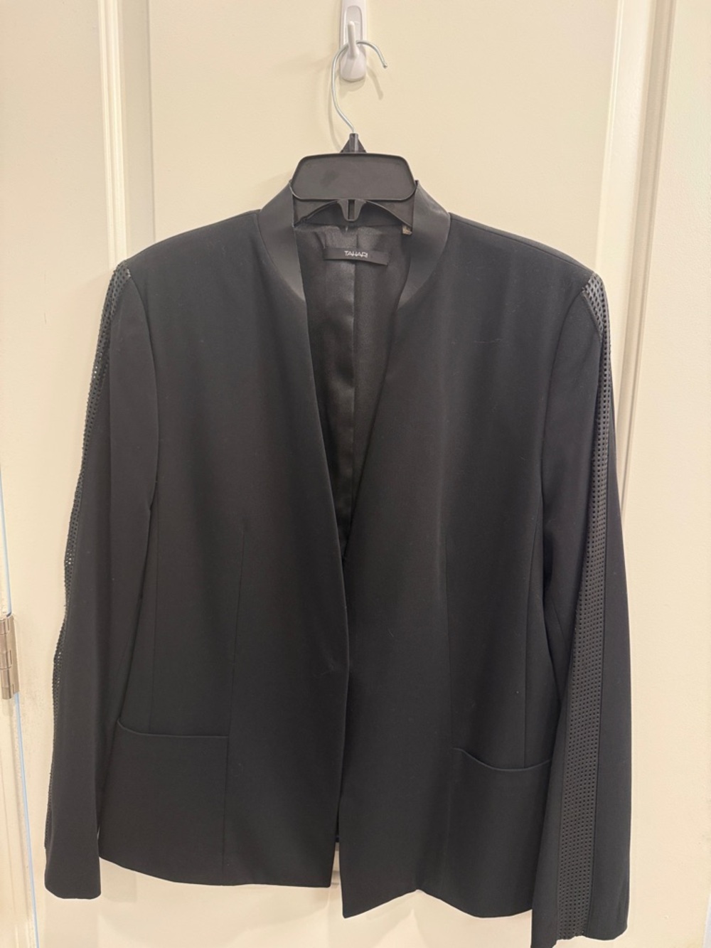Tahari Black Collarless Blazer with Perforated Sleeve Panels